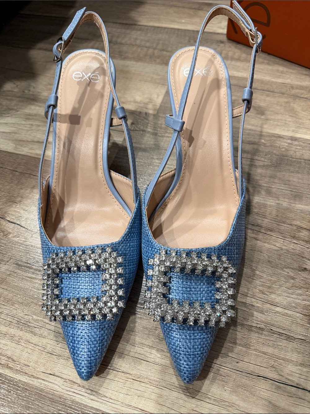 Exe Blue Crystal-Buckle Pointed Slingback Flats